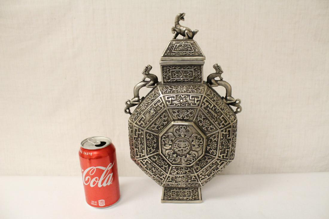 Very fancy silver on bronze wine flask: Very fancy silver on bronze wine flask, 13"Hx8"x4.25"