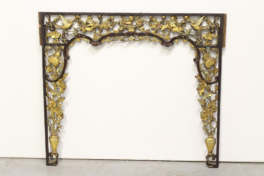 Chinese 19th c. gilt wood carved entry way ornament: Chinese 19th century gilt wood carved entry way ornament decorated with birds and flowers, 45.5"Hx52.5"x1.1"