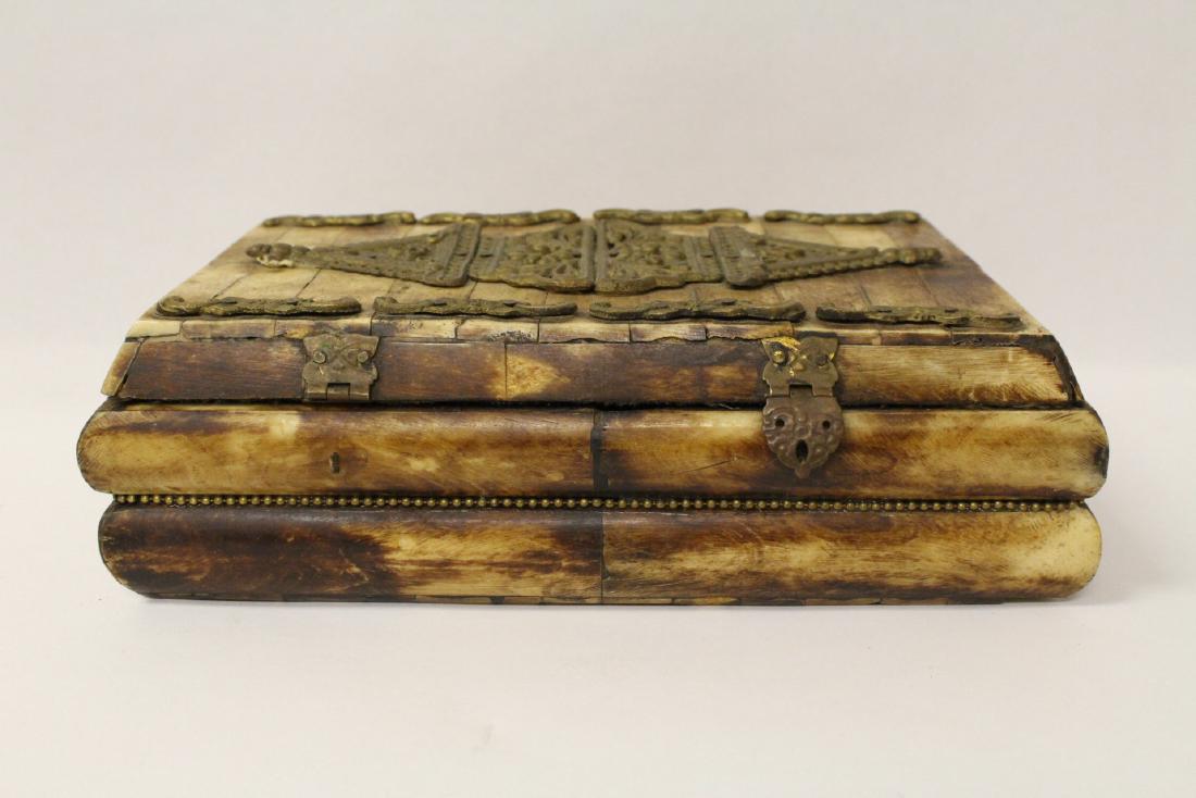 A rare antique whale bone box with brass ormolu: A rare antique whale bone box with brass ormolu (one piece on bottom has chip), 2.8"Hx9.13"x5.75"
