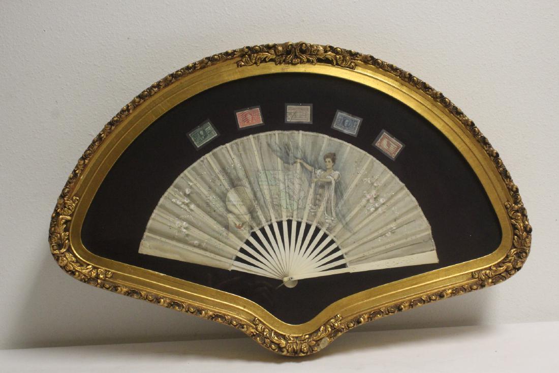 Victorian framed silk fan with stamps and painting (1 of 10)