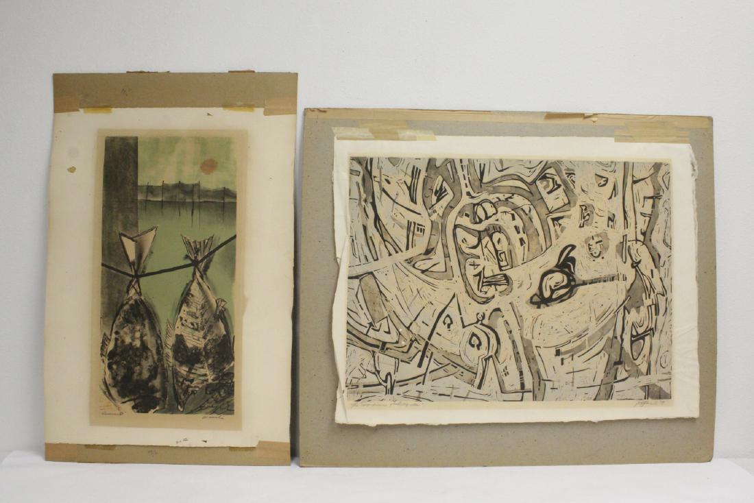 2 etchings: 2 etchings "significance of integration" (17.5"x23.5") by Roland Ginzel (repair), and "2 fish" (20.6"x10.5") signed