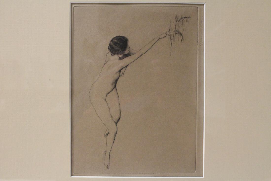 Framed original dry point by Warren Davis: Framed original dry point "nude with fish" by Warren Davis (1865 - 1928), signed lower right, 7.85"x5.75"