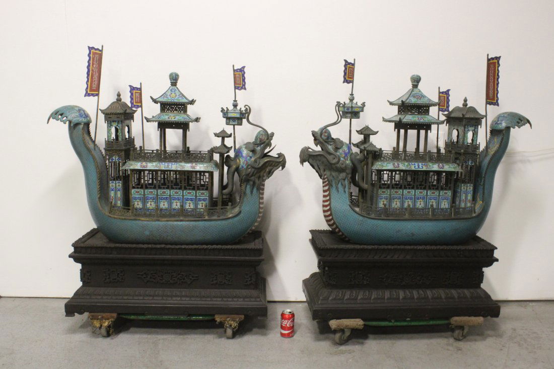 Pr Chinese early 20th c. bronze based cloisonne boat (1 of 10)