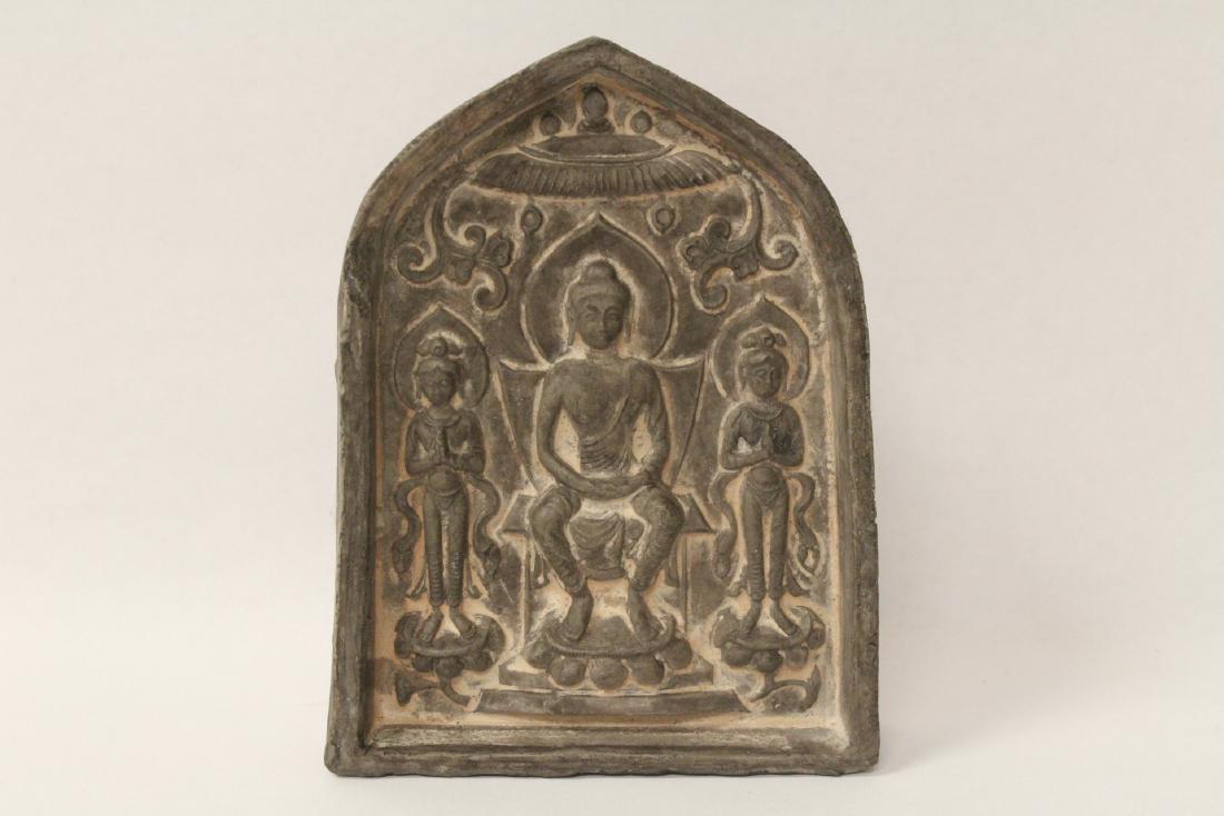 A pottery plaque: A pottery plaque, one side depicting Buddha motif in relief, the other side calligraphy, 5.5"Hx4.2"x1"