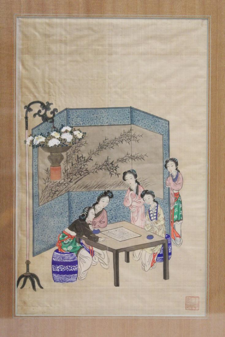 Chinese antique w/c on silk by Wang Cheng Xun: Chinese antique watercolor on silk depicting girls playing chess by Chinese artist Wang Cheng Xun (王承勳), 12.5"x8"