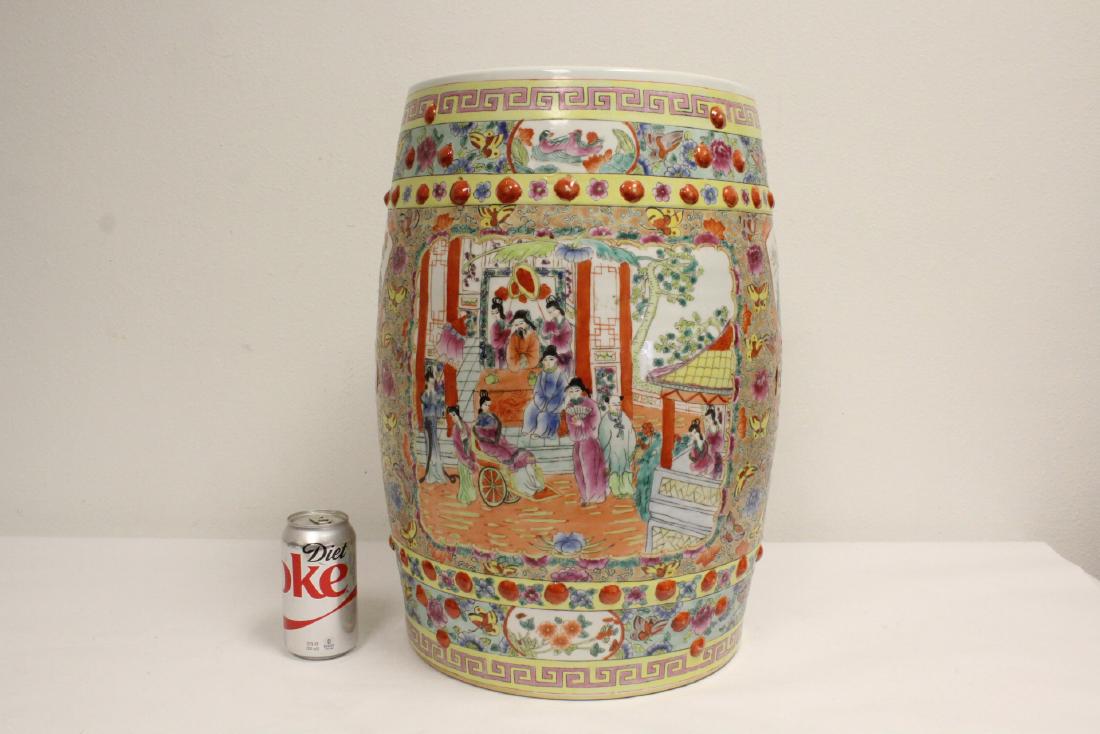 Chinese famille rose porcelain garden stool: Chinese famille rose porcelain garden stool, panel painted with fairy tale scene, 19.75"Hx14"dia