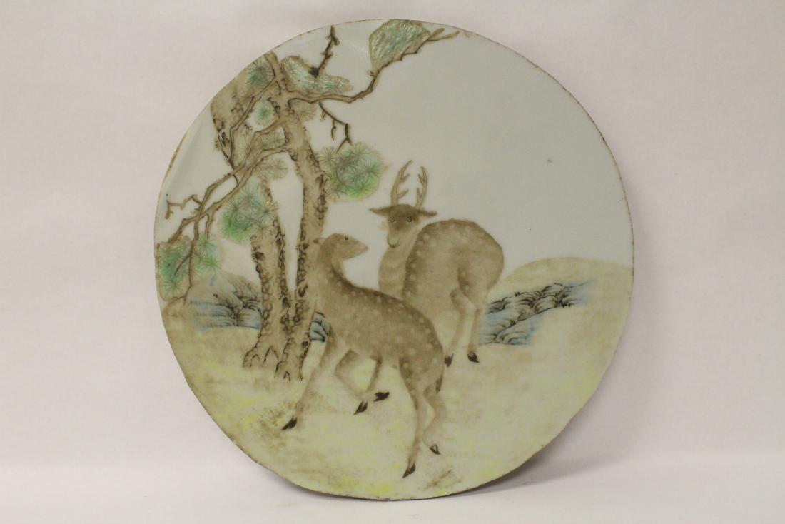 Chinese famille rose porcelain plaque: Chinese vintage famille rose porcelain plaque depicting deer scene, 0.3"x10.75"dia