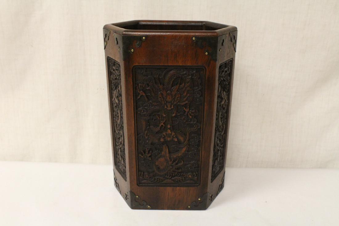 Chinese hexagonal wood carved brush holder (1 of 10)