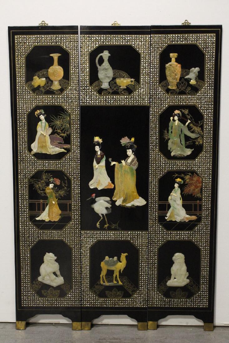 3 Chinese coromandel panels with stone overlay (1 of 10)