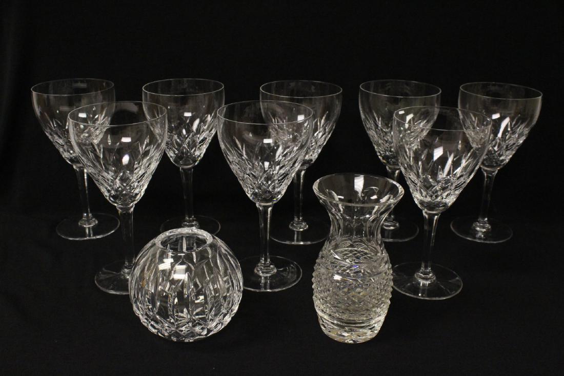 8 Val St. Lambert goblets, and 2 Waterford crystal jars: 8 Val St. Lambert red wine goblets (7.05"Hx3.7"dia each), and 2 Waterford crystal jars (5.5"Hx3"dia, 3.5"Hx4"dia)