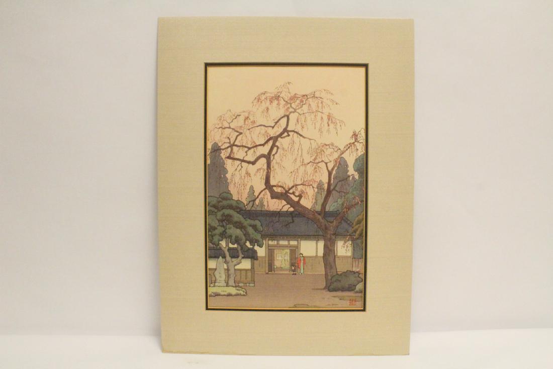 Japanese w/b print laid on board by Toshi Yoshida: Japanese contemporary woodblock print laid on board by Toshi Yoshida, 14.4"x9.25"