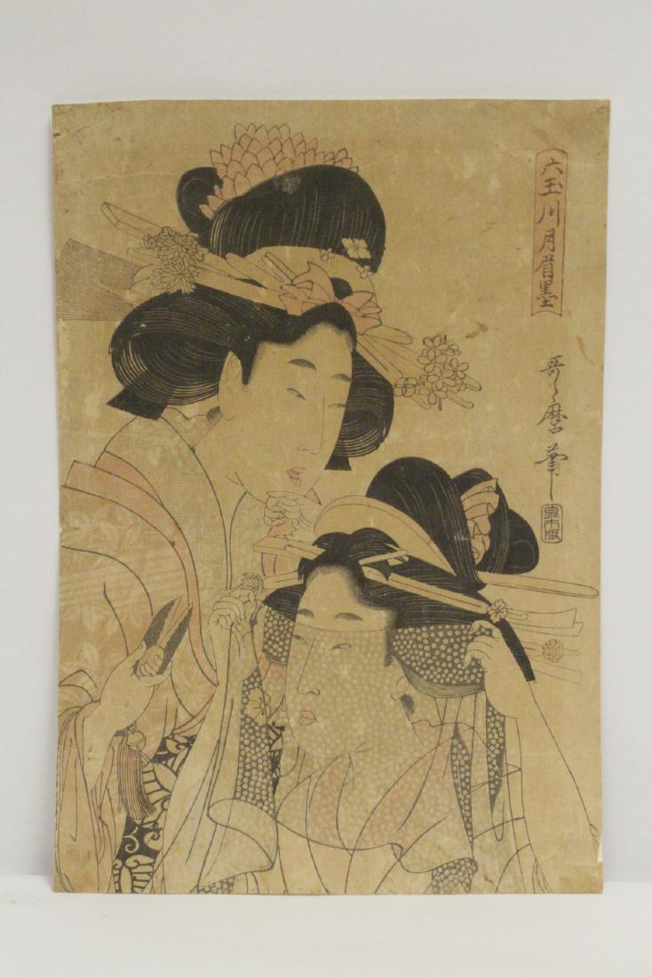 Japanese antique w/b print by Utamaro Kitagawa: Japanese antique woodblock print by Utamaro Kitagawa, 14.85"x10.25"