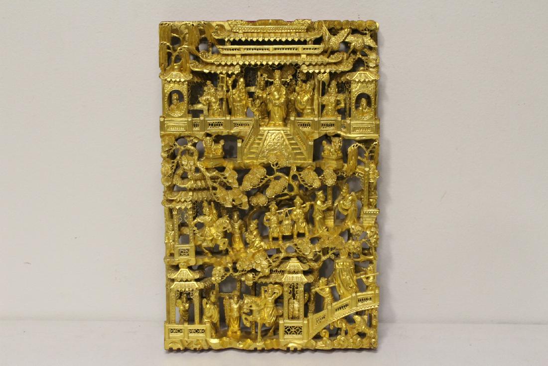 A beautiful Chinese antique gilt wood carving: A beautiful Chinese antique gilt wood carving depicting fairy tale scene, 24.5"Hx15.8"x2.4"