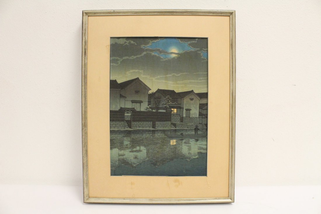 Japanese w/b print by Kawase Bunjiro Hasui: Japanese wood block print by Kawase Bunjiro Hasui, the back was glued on board, bottom front mat can not be separated from the print, 13.25"x9.2"