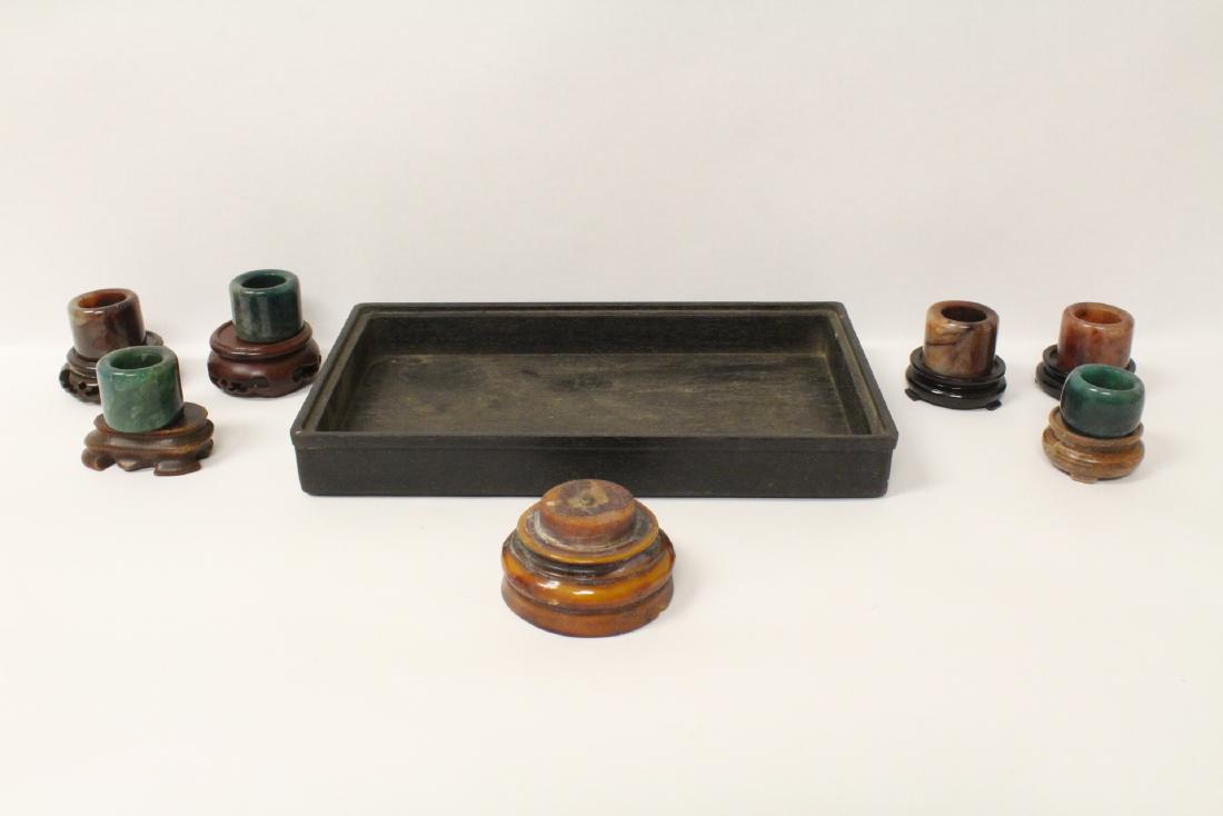 6 Chinese stone rings w/ stand in zitan wood tray (1 of 10)
