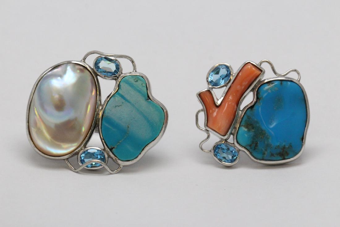 2 sterling rings set w/ turquoise, coral & Mabe pearl (1 of 12)