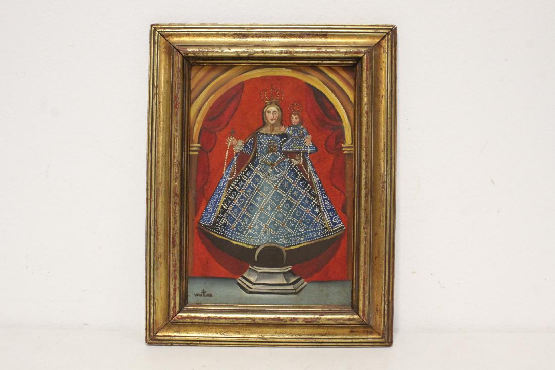 oil on panel retablo painting with gilt wood frame: Beautiful oil on panel retablo painting with gilt wood frame depicting Jesus and Maria, 12.5"x8.5"