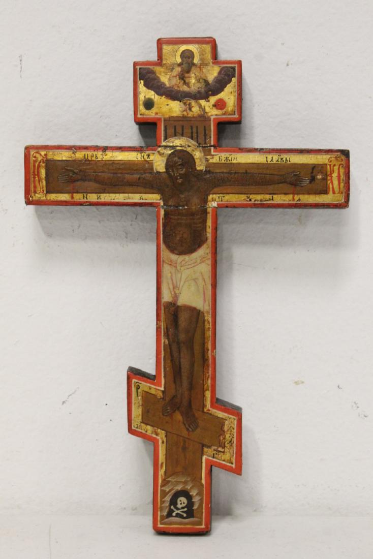A Russian antique hand painted icon crucifix: A Russian antique hand painted icon crucifix, 12.05"H