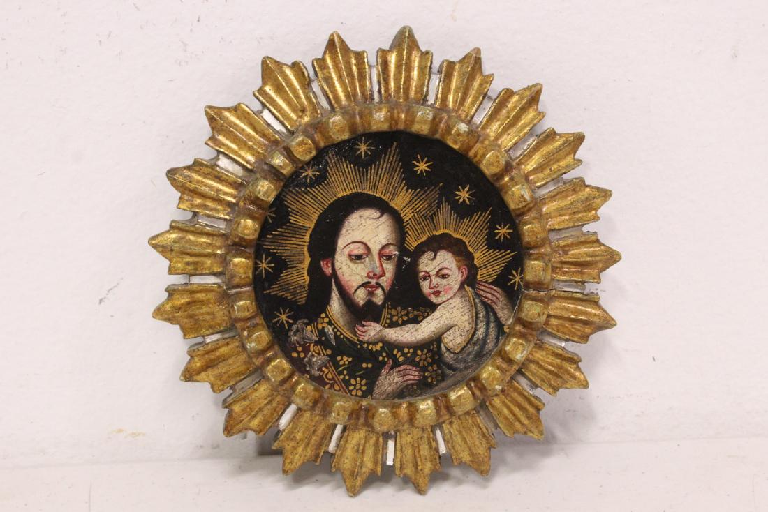 19th c. oil on wood painting retablo with gilt wood (1 of 10)