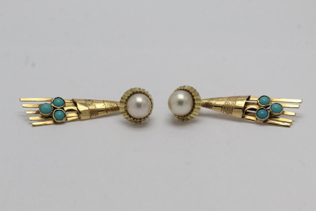 Pair beautiful 14K Y/G pearl turquoise earrings (1 of 11)
