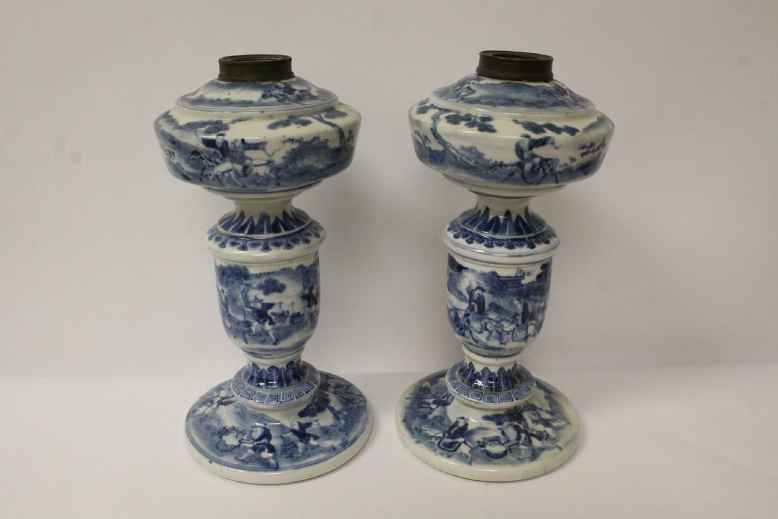 Pair Chinese 19th c. b&w porcelain oil lamps (1 of 12)
