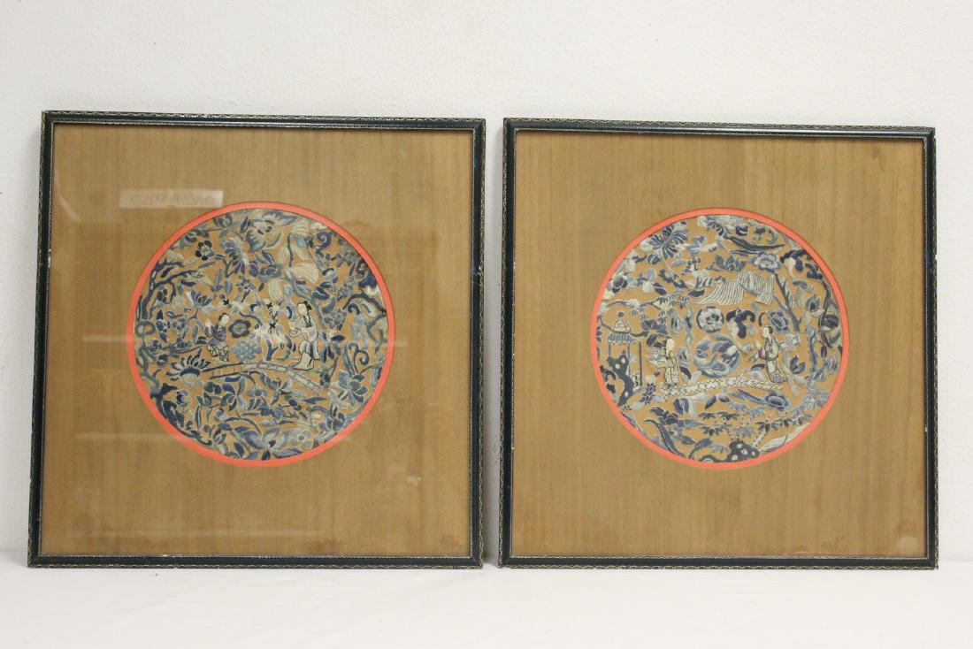 Pair Chinese framed antique embroidery panels (1 of 9)