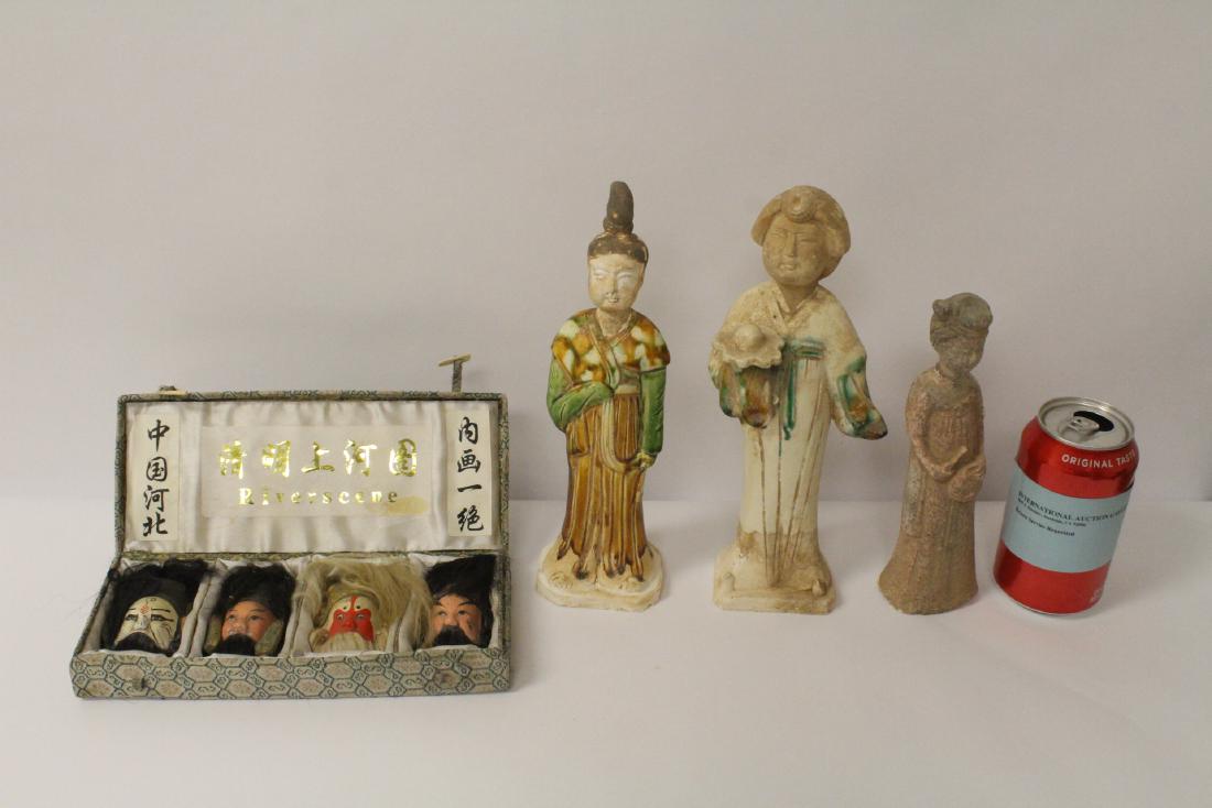 3 Tang style sancai figures and box of painted masks (1 of 11)