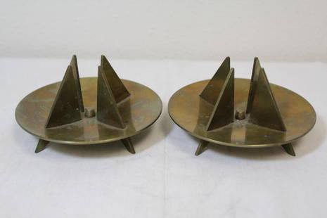 Pr Swedish bronze candle holders by Skultuna: Pair Swedish bronze candle holders (2.1"Hx3.9"dia each) by Skultuna, designed by Pierre Forsell