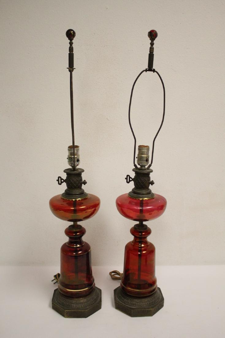 Pair Victorian cranberry oil lamps, electrified (1 of 10)