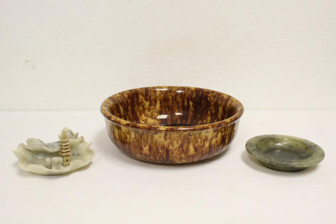 3 items: A jade carved dish (0.88"Hx4.2"dia), a soapstone dish (2.25"Hx4.2"x4.1"), and a brown glazed bowl (2.63"Hx8.4"dia)