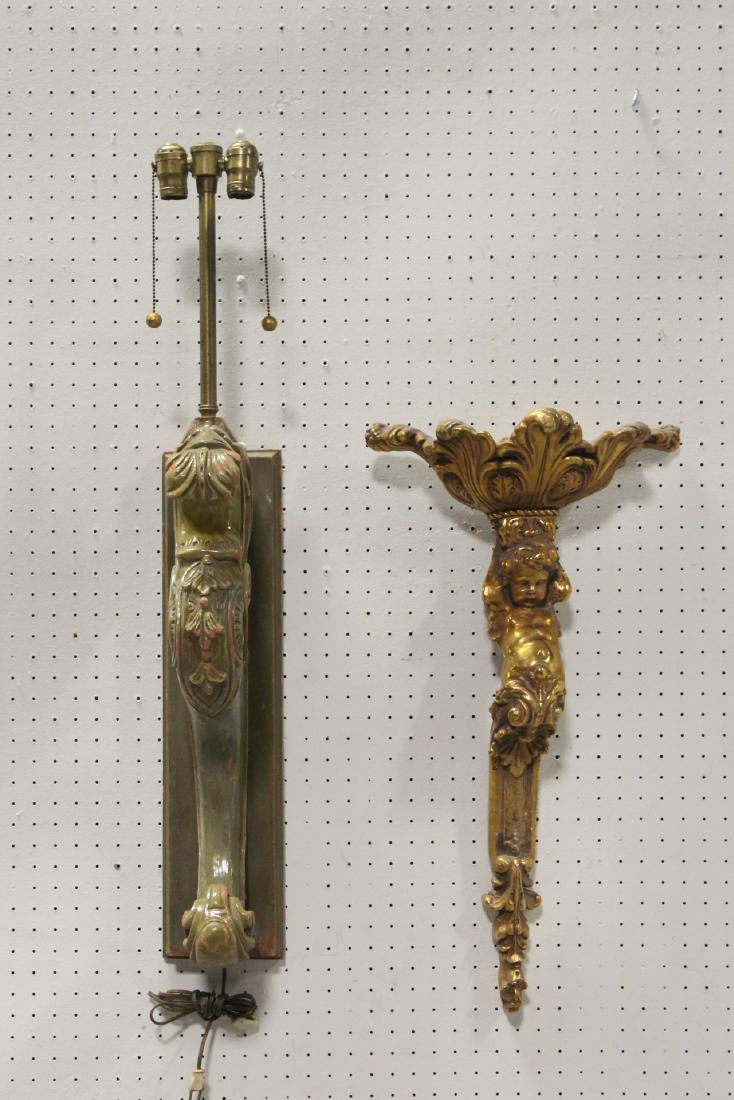Carved wood wall lamp and gilt gesso wall sconce: Carved wood wall lampr (37.5"H) and gilt gesso wall sconce (repair, 28"H)
