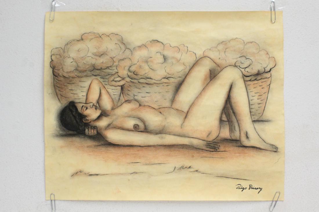 Lg color pencil on paper by Diego Rivera w/ certificate: Large color pencil on paper "portrait of nude girl" by Diego Rivera, with certificate, 15.8"x19.9"