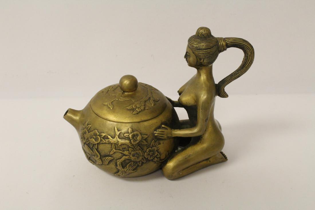 Chinese bronze teapot with nude motif handle: Chinese bronze teapot with nude motif handle, 5.75"Hx7.5"x4"
