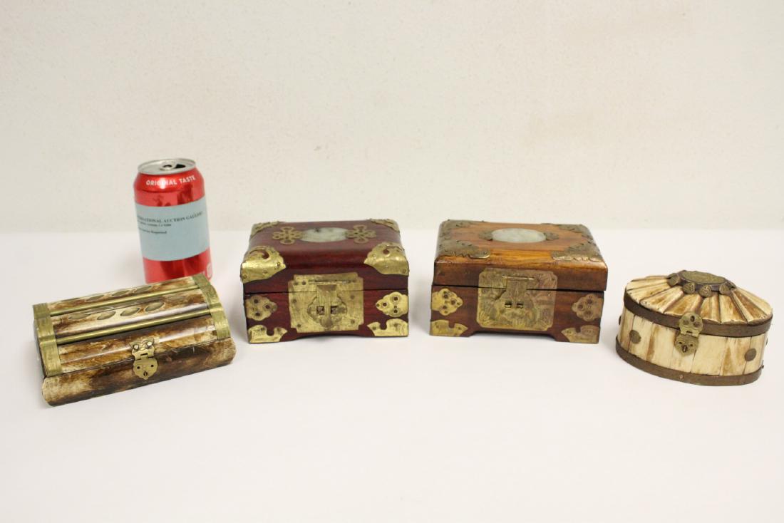 2 jewelry boxes, and 2 bone carved boxes: 2 jewelry boxes (3.05"Hx5.6"x4.1", 3"Hx5.4"x4.4"), and 2 bone carved boxes (2.05"Hx5.6"x4.5", 2.8"Hx4.55'x3.4")
