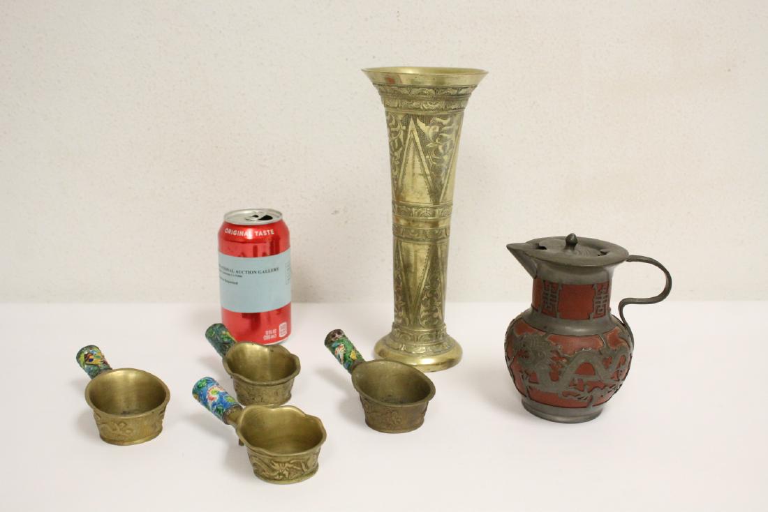 A heavy brass vase, a teapot, 4 irons (1 of 10)