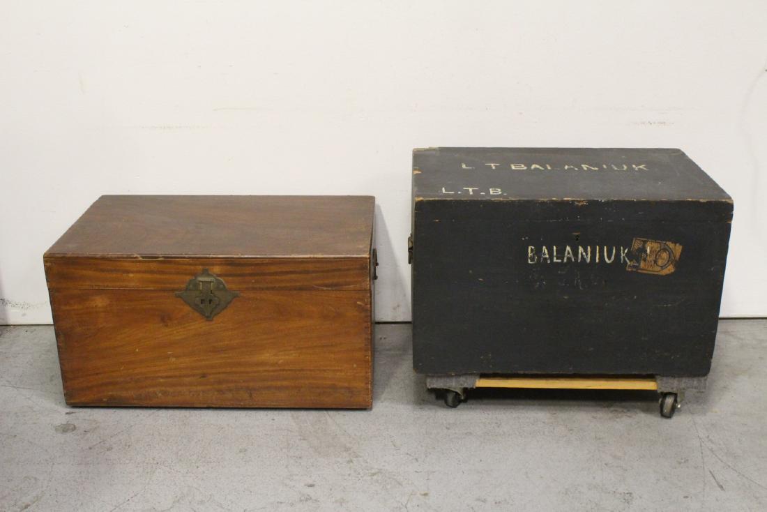 Mahogany trunk, and a painted wood trunk: Mahogany trunk (18.4"Hx34.75"x20.8"), and a painted wood trunk with early Harbin custom label (19.75"Hx32.5"x20")