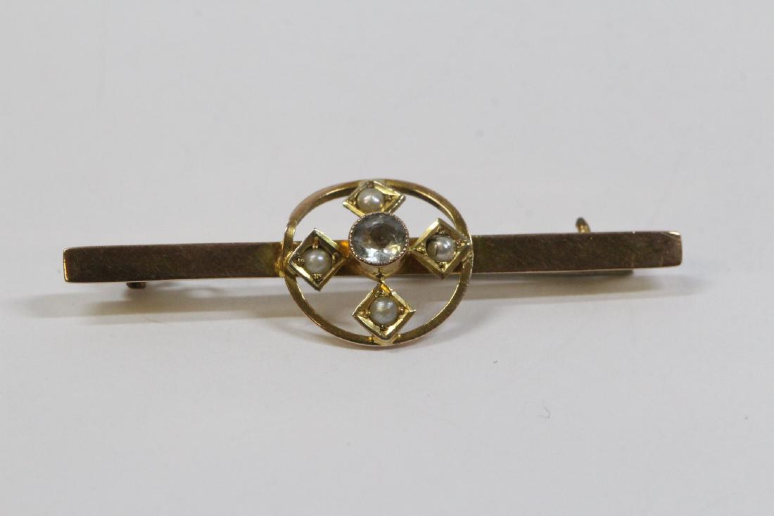 Antique 9K pin with aquamarine and seed pearl: Antique 9K bar pin (1.6 5"L) set with aquamarine and seed pearl