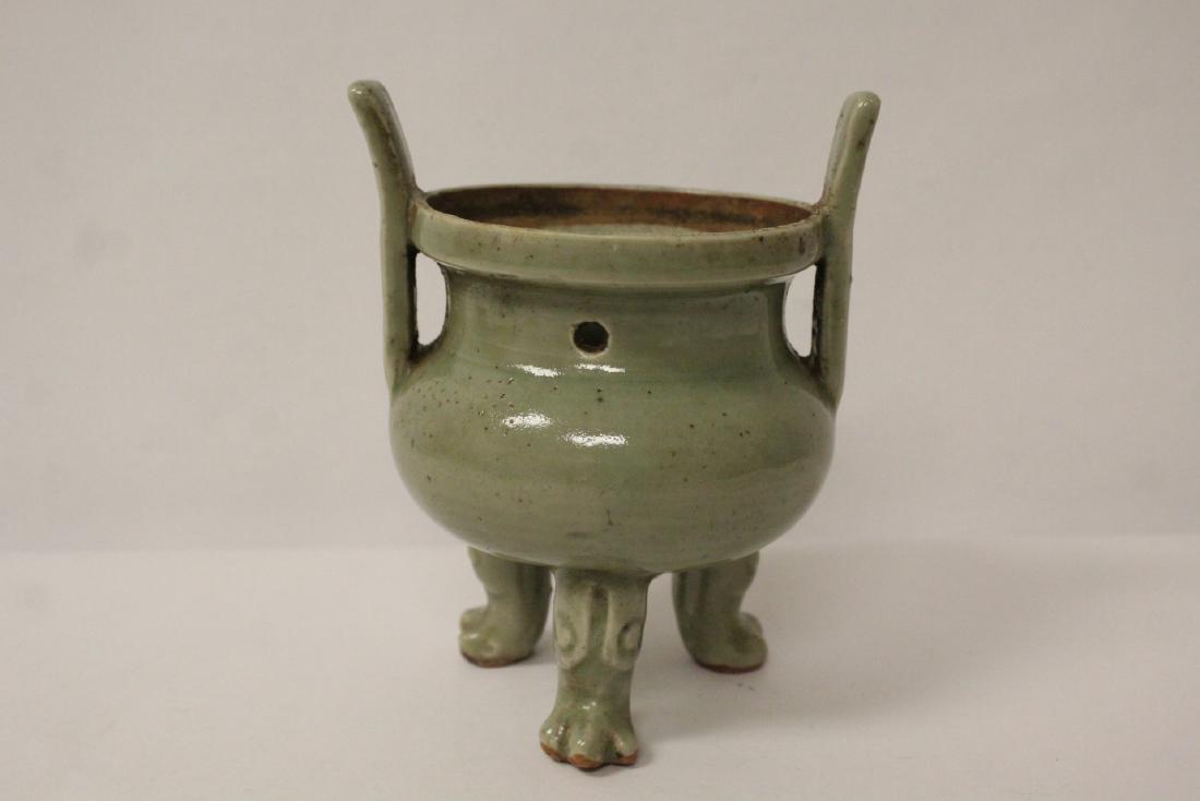 A vintage Chinese celadon tripod censer: A vintage Chinese celadon tripod censer, 6"Hx4.7"x4.25"