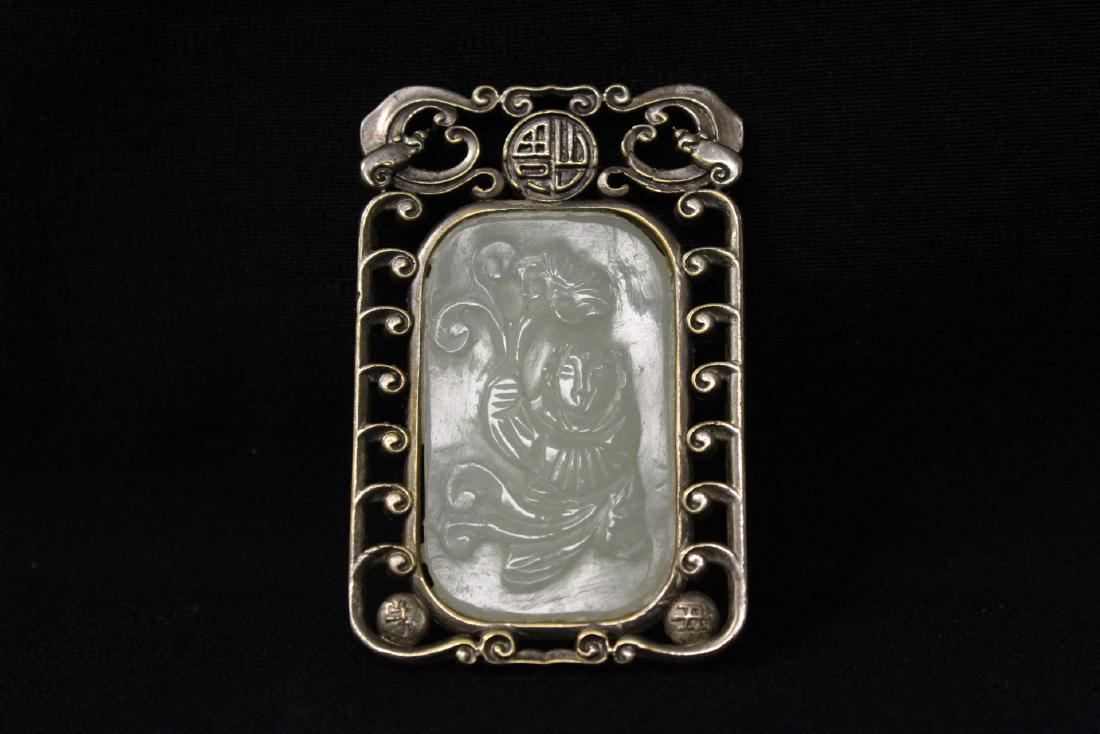 Chinese white jade plaque in silver like frame (1 of 9)