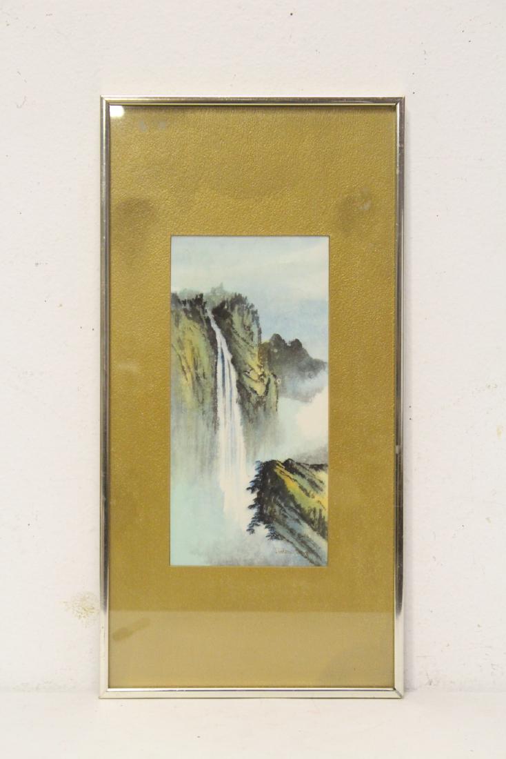 Chinese framed watercolor by Dickens Chang: Chinese framed watercolor "mountain landscape" by Dickens Chang, 11.2"x5.3"