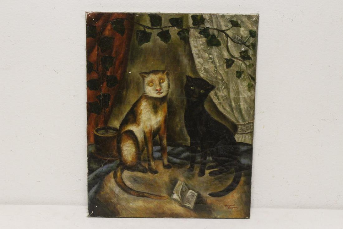 An old oil on canvas painting depicting cats: An old oil on canvas painting depicting cats, 20.5"x16.5"