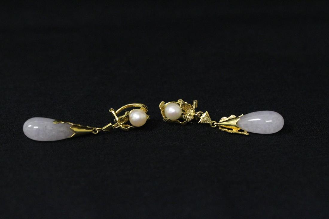 Pair 14K lavender jadeite and cultured pearl earrings (1 of 11)