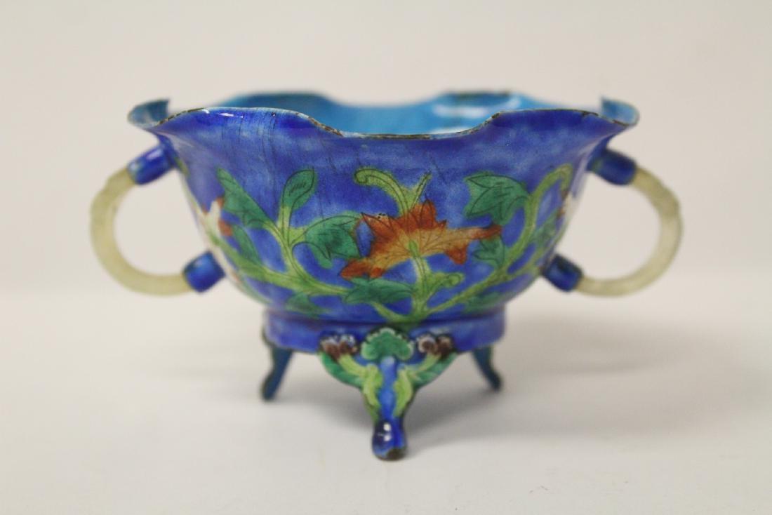 Chinese enamel on copper bowl with jade/agate handles (1 of 11)