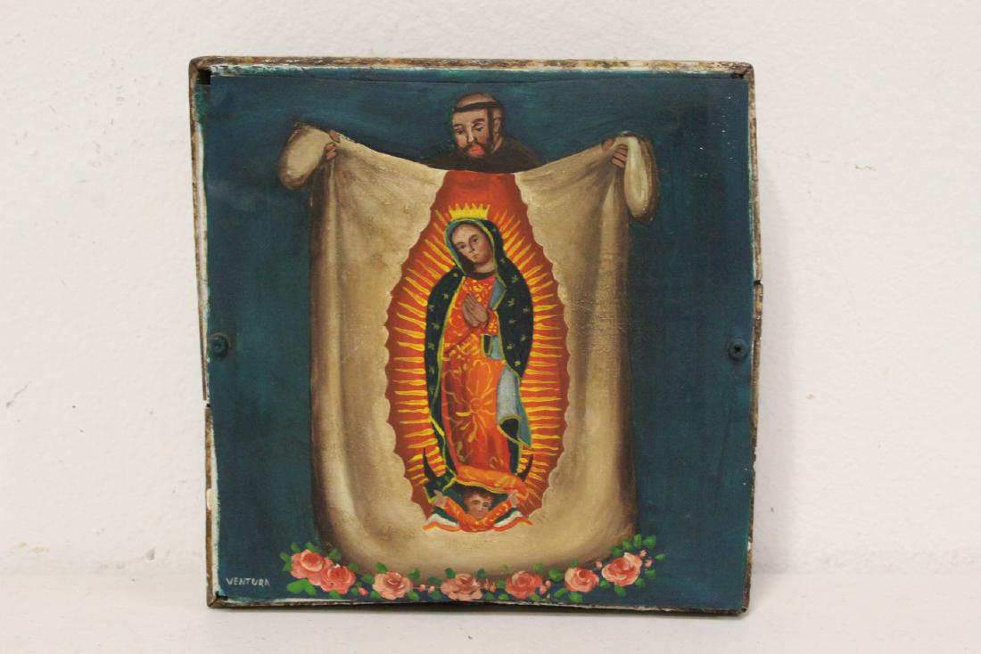 Antique oil painting on tin retablo with tin frame (1 of 9)