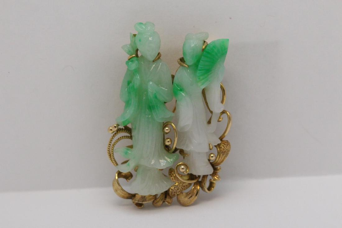 A beautiful Chinese 14K Y/G jadeite coat brooch (1 of 11)