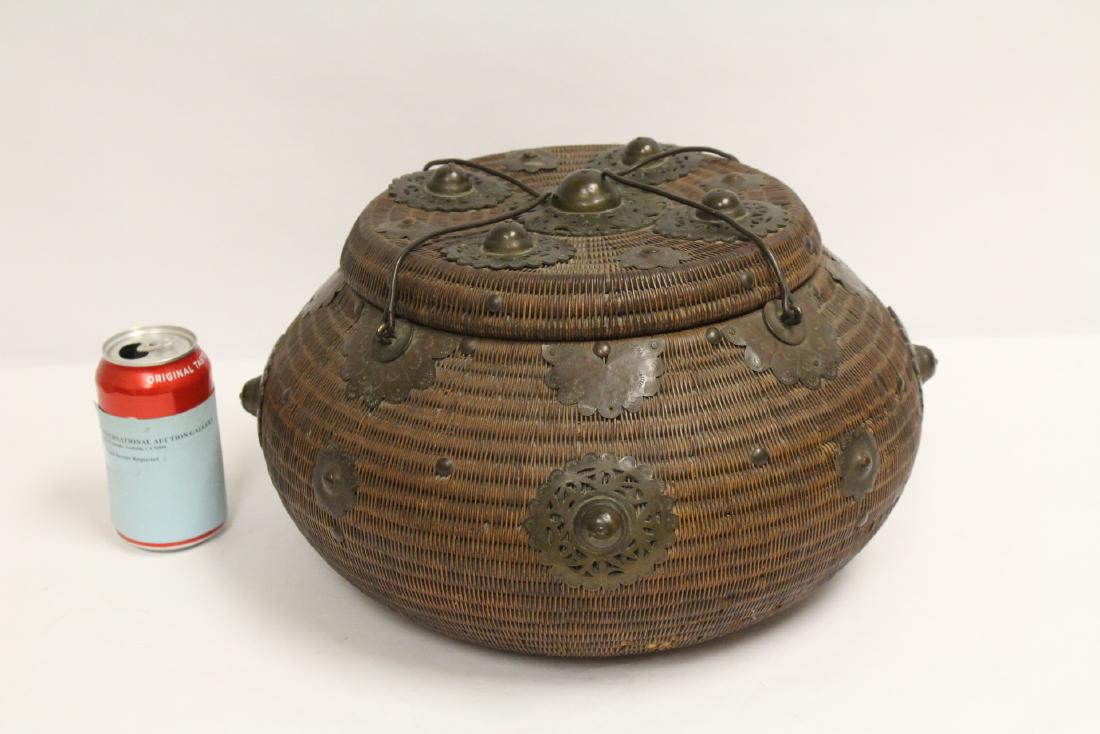 Japanese antique Ikebana basket decorated w/ copper: Japanese antique Ikebana basket with fancy copper ornament decoration, 8.5"Hx15.25"dia