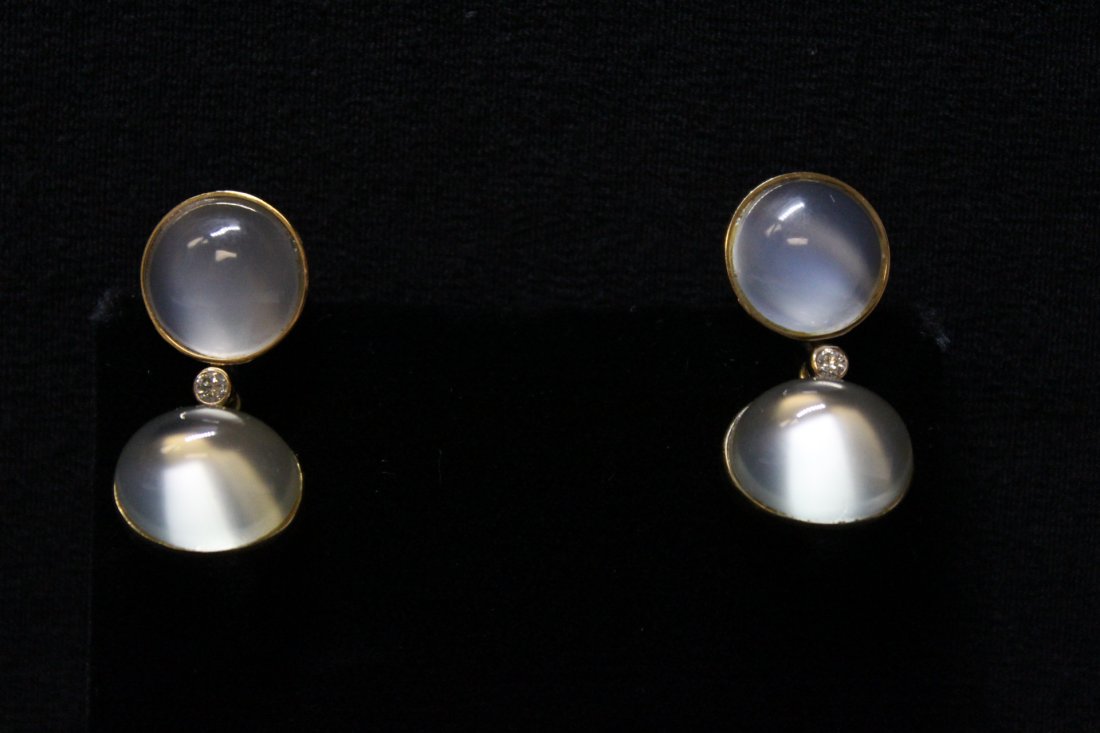 Pair 14K earrings set with moon stone and diamond (1 of 13)