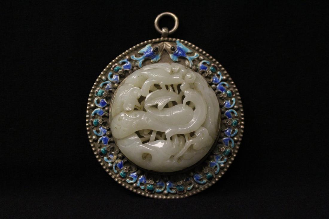 Chinese white jade carving with enamel silver back (1 of 10)