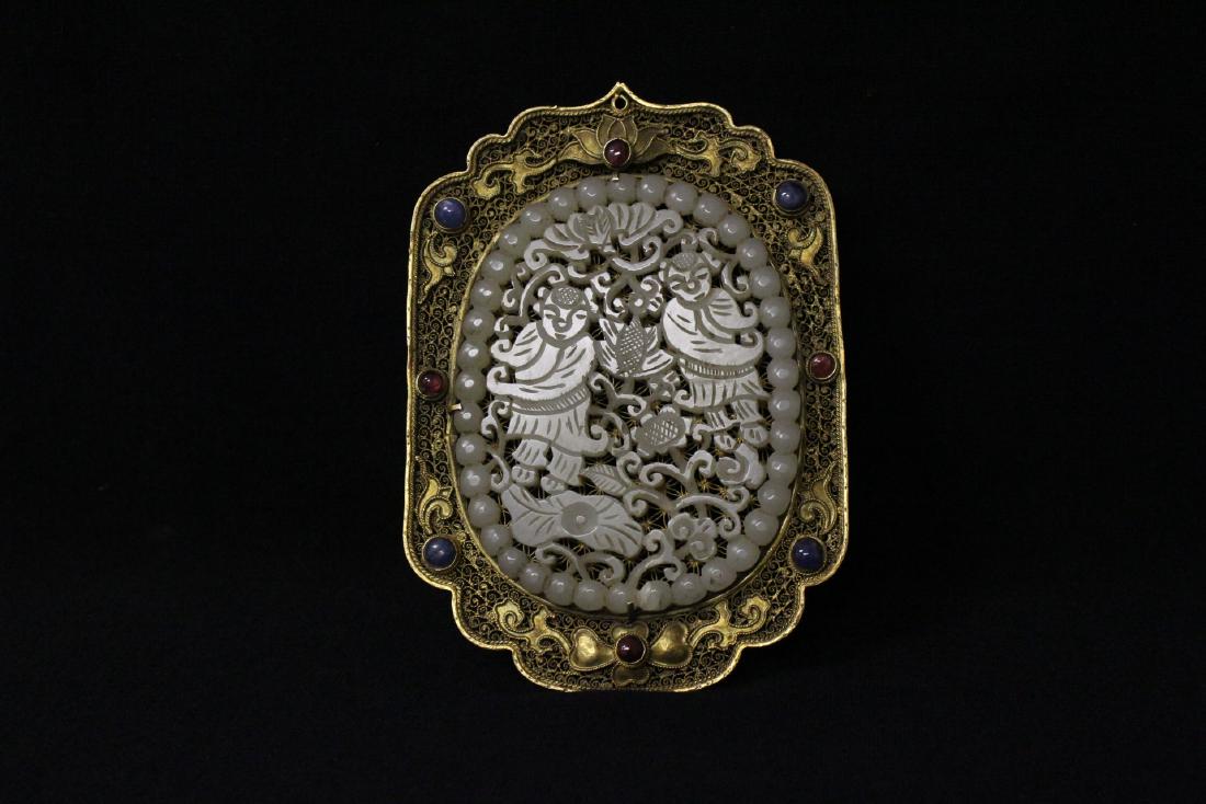 lg jade plaque w/ gilt silver back and ruby & sapphire: A large white jade plaque depicting children, with gilt silver back and set with ruby and sapphire, 5.25"x3.75"x0.3"