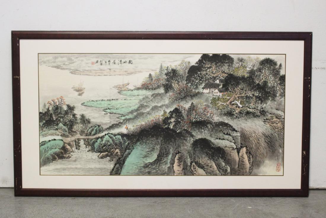 A large Chinese framed watercolor "landscape" (1 of 10)